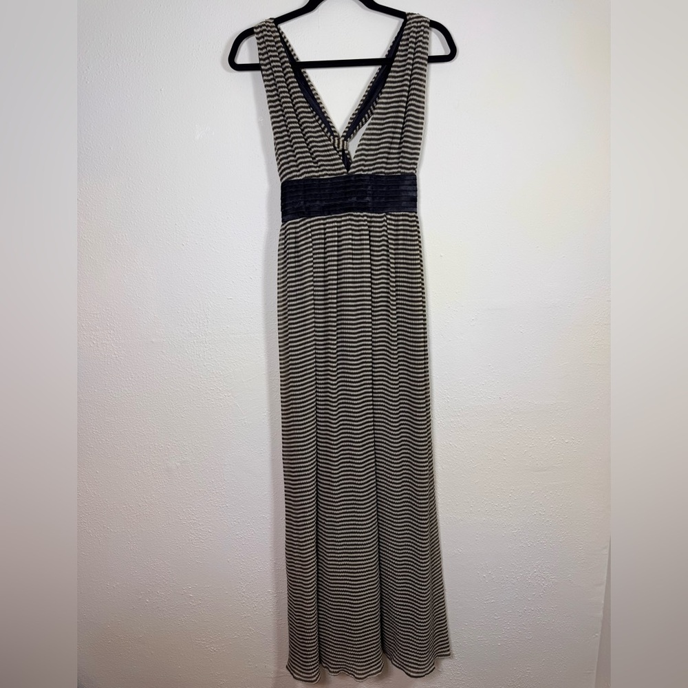 Bohemia Maxi Dress Brown Striped Empire Waist Small Sleeveless Deep V Neck Boho